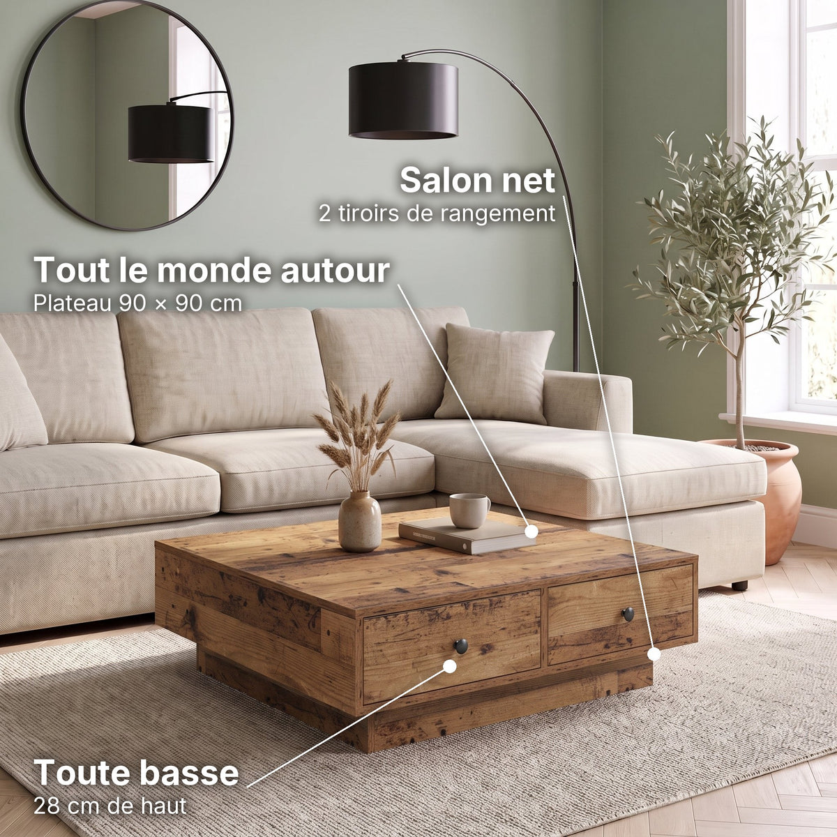 Grande table basse carrée 90x90 avec tiroirs Vasta bois ancien : tout le monde autour (Plateau 90 × 90 cm), salon net (2 tiroirs de rangement), toute basse (28 cm de haut) #Couleur_Bois ancien