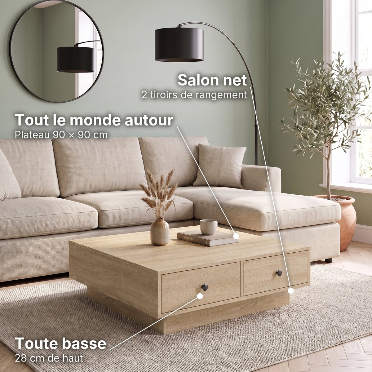 Grande table basse carrée 90x90 avec tiroirs Vasta chêne sonoma : tout le monde autour (Plateau 90 × 90 cm), salon net (2 tiroirs de rangement), toute basse (28 cm de haut) #Couleur_Chêne sonoma