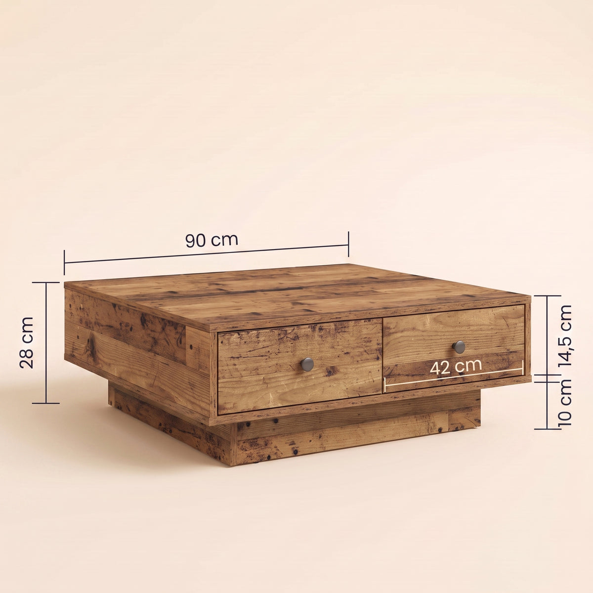 Table avec tiroirs Vasta, bois ancien, dimensions 90 x 90 cm, 28 cm de haut #Couleur_Bois ancien