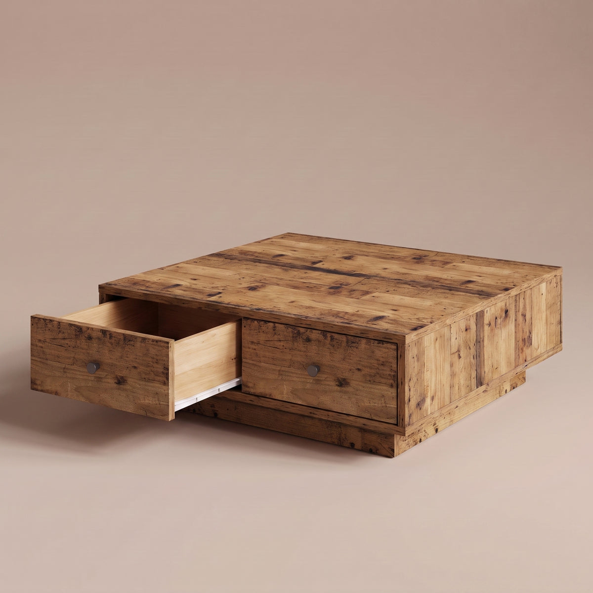 Table avec tiroirs Vasta, bois ancien, tiroir ouvert sur ses coulisses #Couleur_Bois ancien