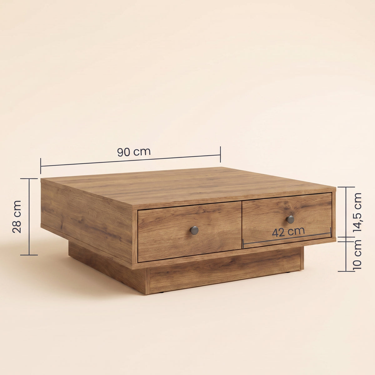 Table avec tiroirs Vasta, chêne artisanal, dimensions 90 x 90 cm, 28 cm de haut #Couleur_Chêne artisanal