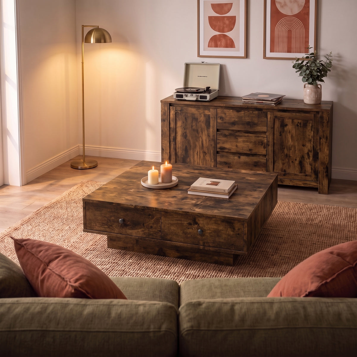 Table avec tiroirs Vasta, chêne fumé, ambiance du soir #Couleur_Chêne fumé