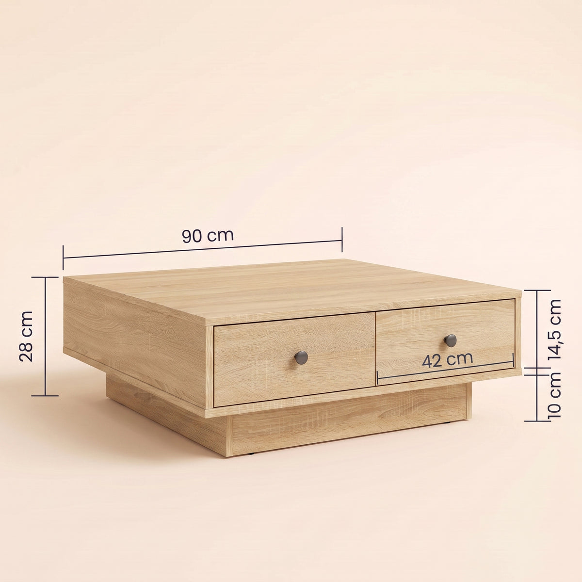 Table avec tiroirs Vasta, chêne sonoma, dimensions 90 x 90 cm, 28 cm de haut #Couleur_Chêne sonoma