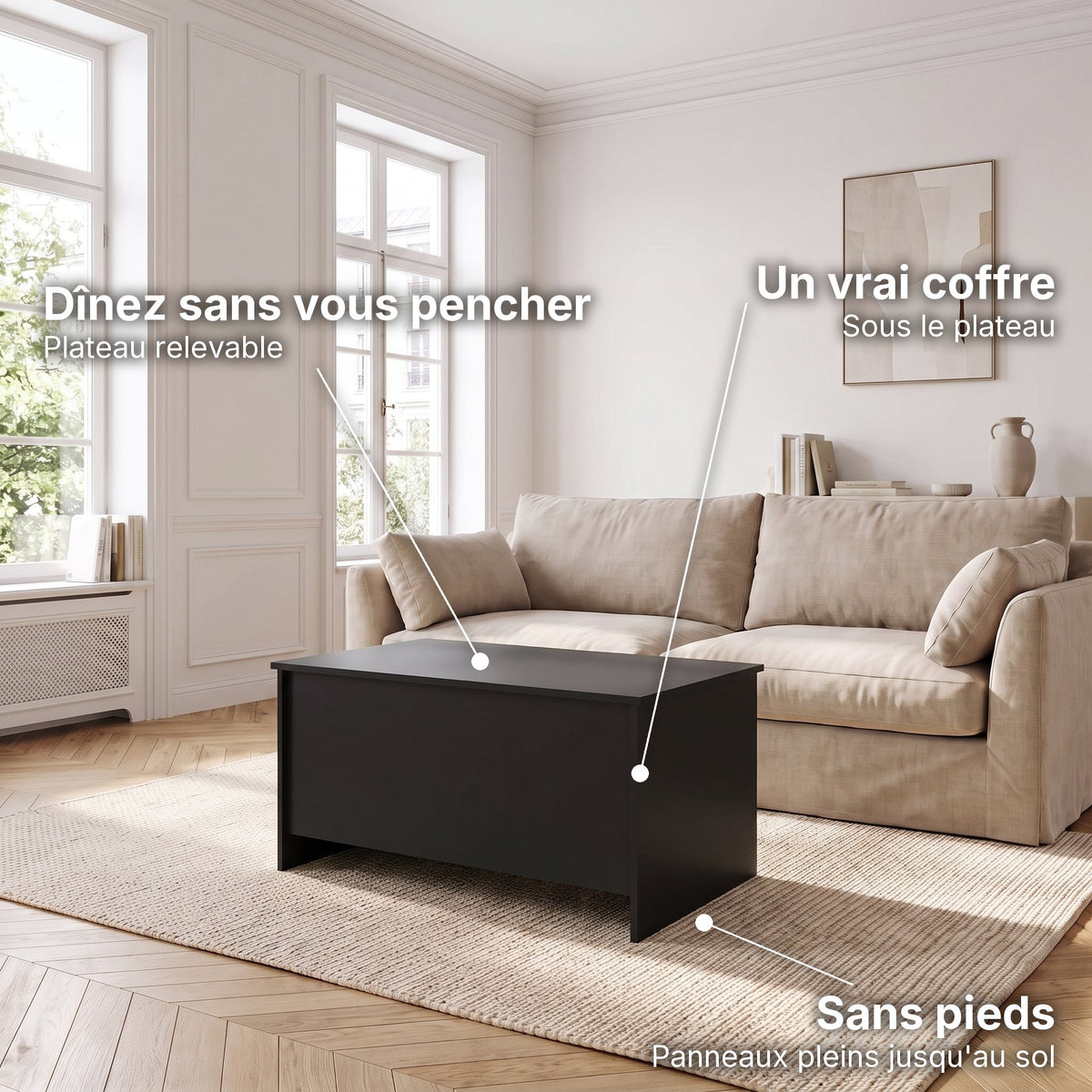 Table basse avec plateau relevable et coffre Velia 102 × 55,5 × 52,5 cm , noir : dînez sans vous pencher (Plateau relevable), un vrai coffre (Sous le plateau), sans pieds (Panneaux pleins jusqu'au sol) #Dimensions_102 × 55,5 × 52,5 cm #Couleur_Noir
