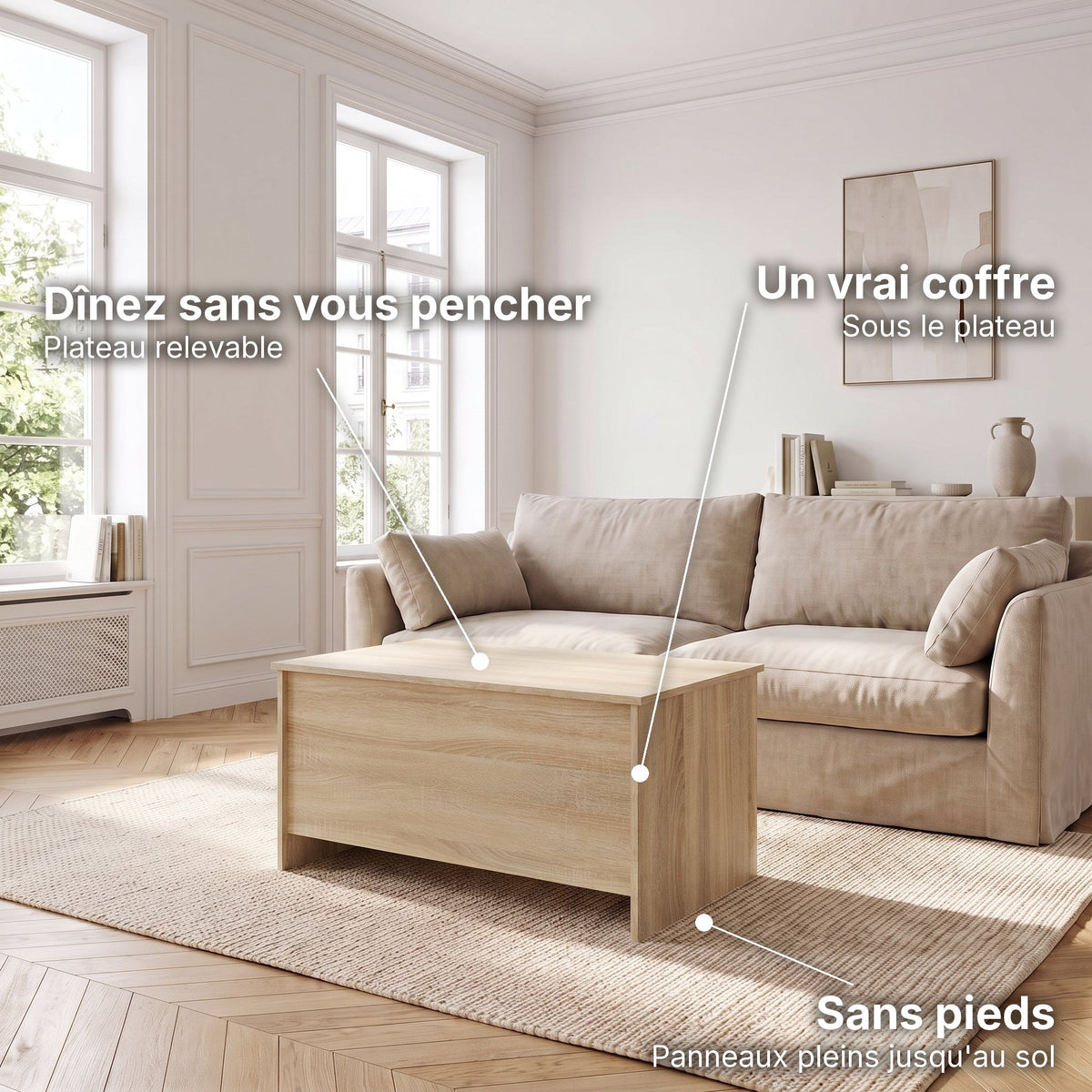 Table basse avec plateau relevable et coffre Velia 102 × 55,5 × 52,5 cm , chêne sonoma : dînez sans vous pencher (Plateau relevable), un vrai coffre (Sous le plateau), sans pieds (Panneaux pleins jusqu'au sol) #Dimensions_102 × 55,5 × 52,5 cm #Couleur_Chêne sonoma