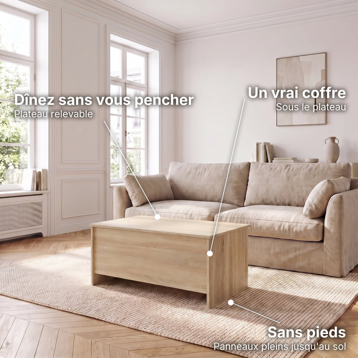 Table basse avec plateau relevable et coffre Velia 80 × 55,5 × 41,5 cm , chêne sonoma : dînez sans vous pencher (Plateau relevable), un vrai coffre (Sous le plateau), sans pieds (Panneaux pleins jusqu'au sol) #Dimensions_80 × 55,5 × 41,5 cm #Couleur_Chêne sonoma