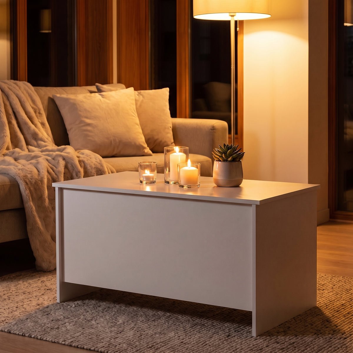Table basse relevable Velia blanc, ambiance du soir aux bougies #Dimensions_80 × 55,5 × 41,5 cm #Couleur_Blanc
