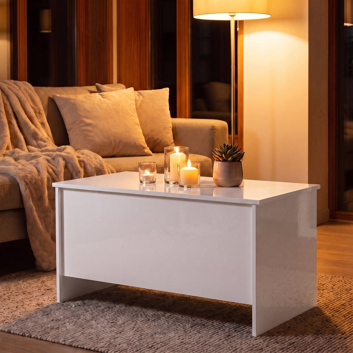 Table basse relevable Velia blanc brillant, ambiance du soir aux bougies #Dimensions_80 × 55,5 × 41,5 cm #Couleur_Blanc brillant