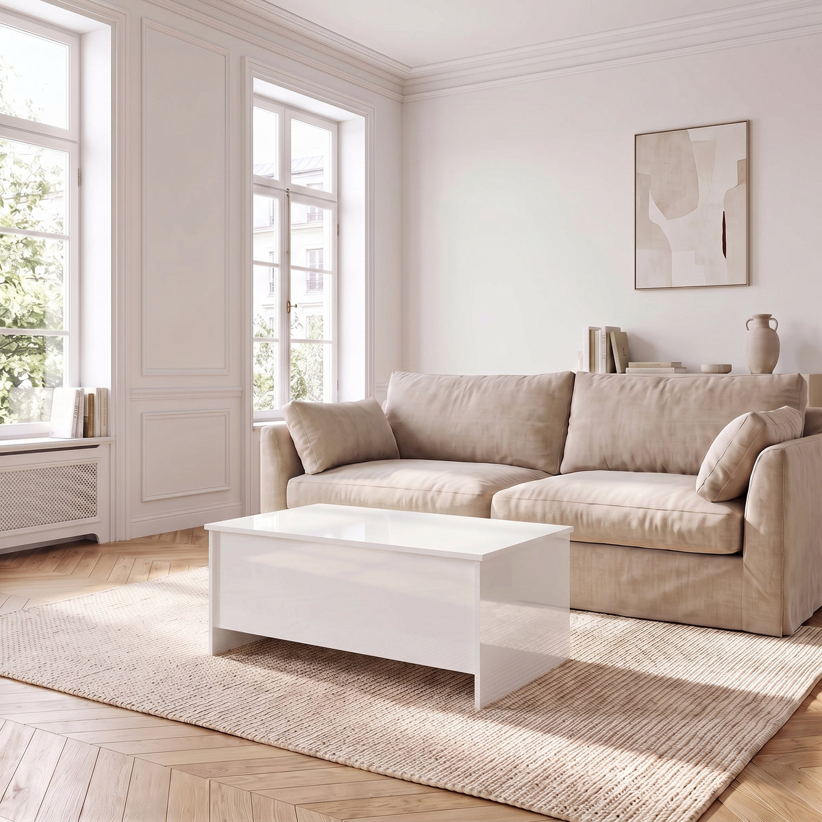 Table basse relevable Velia blanc brillant dans un salon lumineux #Dimensions_80 × 55,5 × 41,5 cm #Couleur_Blanc brillant