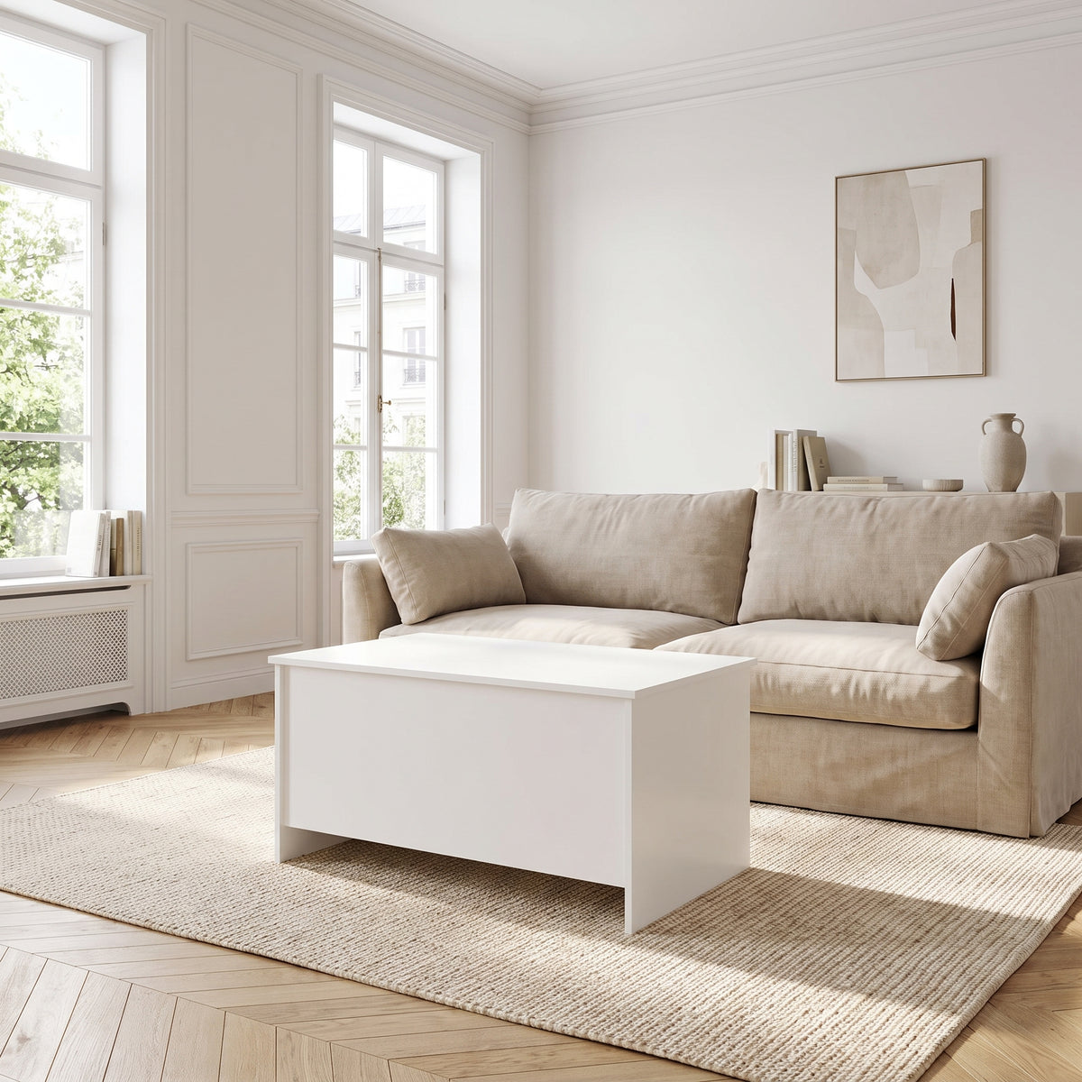 Table basse relevable Velia blanc dans un salon lumineux #Dimensions_102 × 55,5 × 52,5 cm #Couleur_Blanc