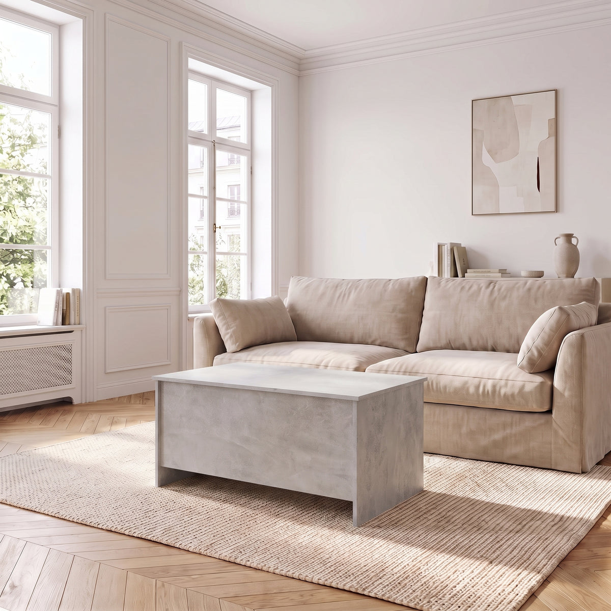 Table basse relevable Velia gris béton dans un salon lumineux #Dimensions_80 × 55,5 × 41,5 cm #Couleur_Gris béton