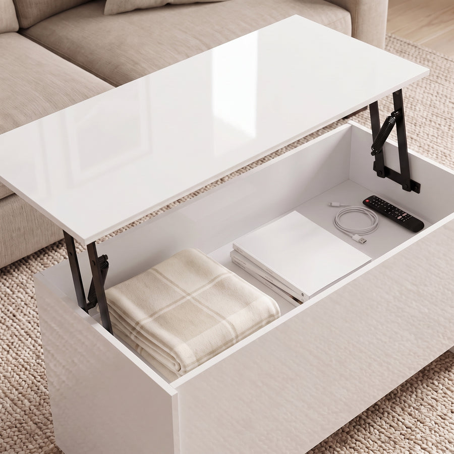 Table basse relevable Velia blanc brillant, coffre ouvert sous le plateau relevé