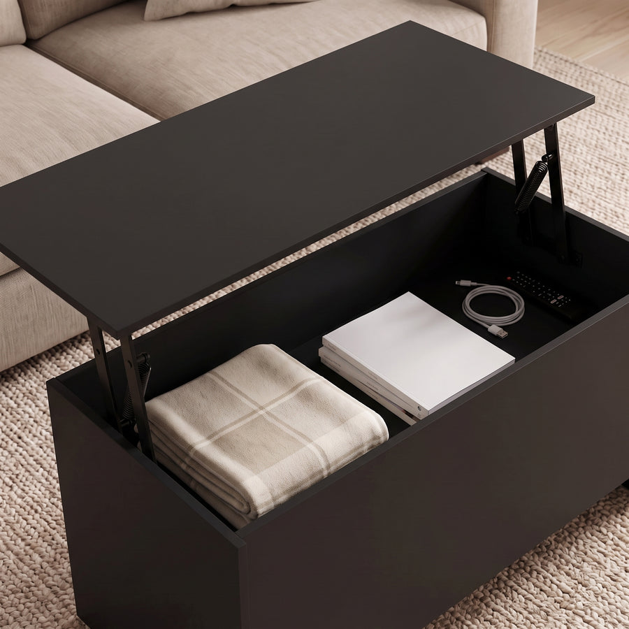 Table basse relevable Velia noir, coffre ouvert sous le plateau relevé