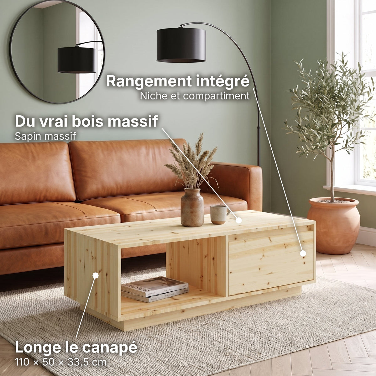Table basse en bois brut de sapin massif Abelia : du vrai bois massif (Sapin massif), rangement intégré (Niche et compartiment), longe le canapé (110 × 50 × 33,5 cm) 