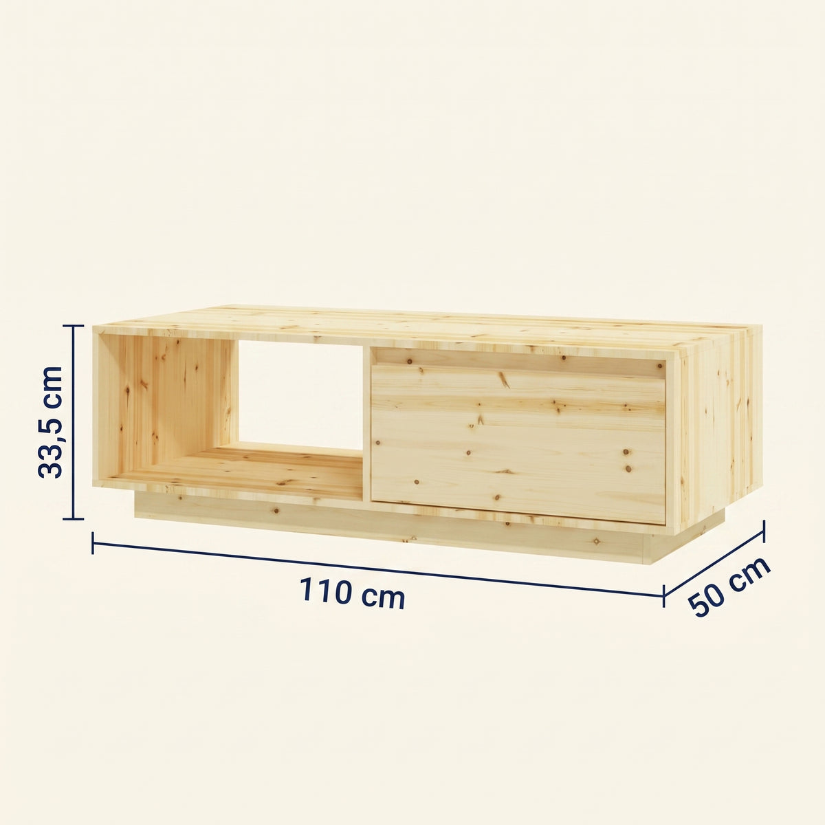 Table en sapin massif Abelia, dimensions 110 × 50 × 33,5 cm