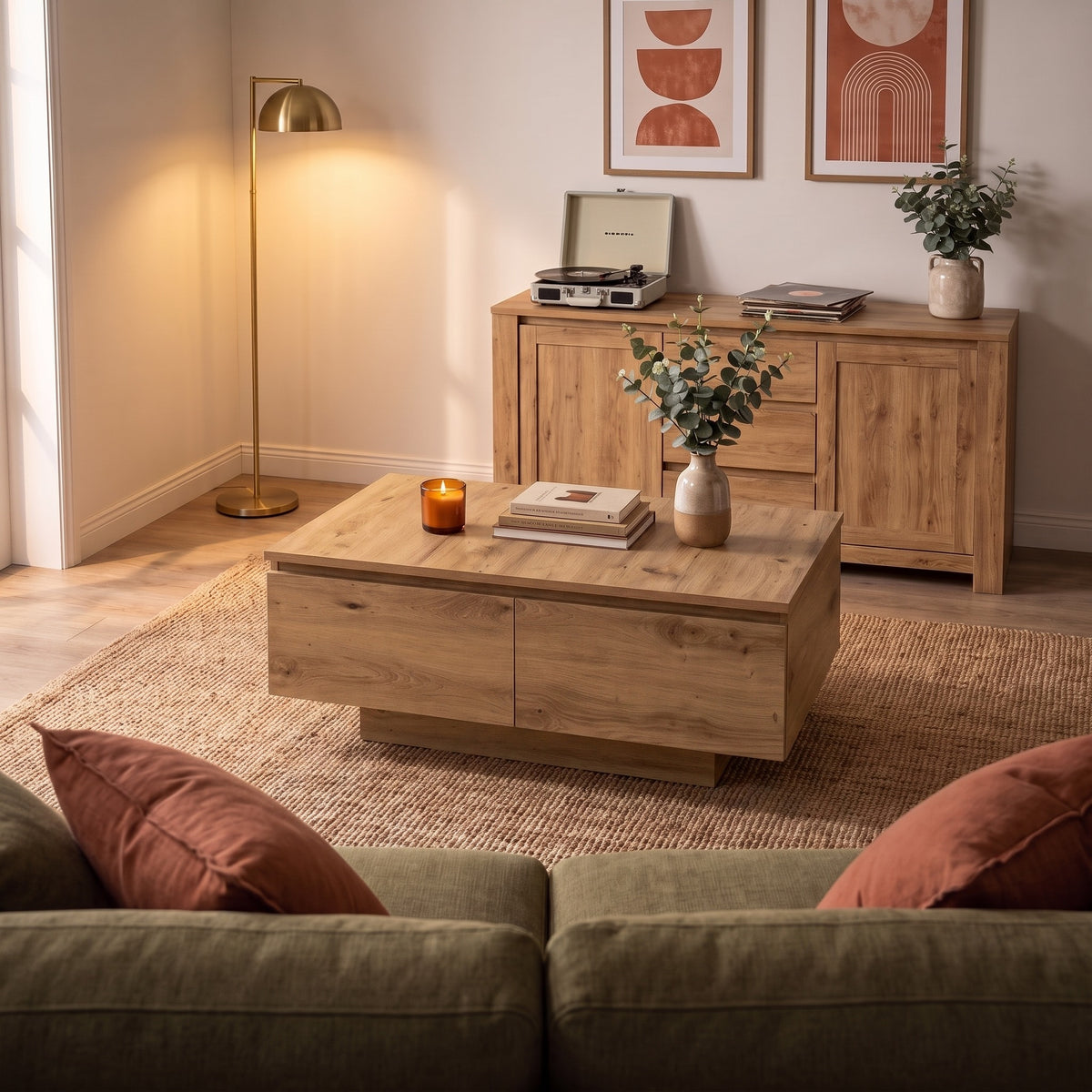 Table avec rangement Alcova, chêne artisanal – ambiance du soir #Couleur_Chêne artisanal