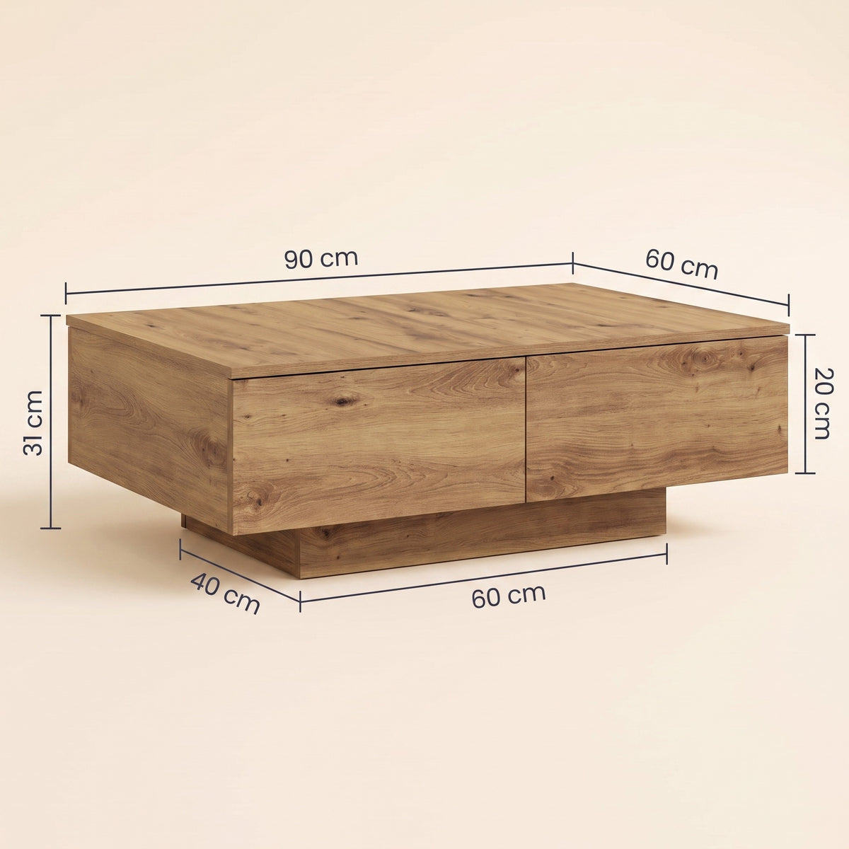Table avec rangement Alcova, chêne artisanal – dimensions 90 × 60 × 31 cm #Couleur_Chêne artisanal