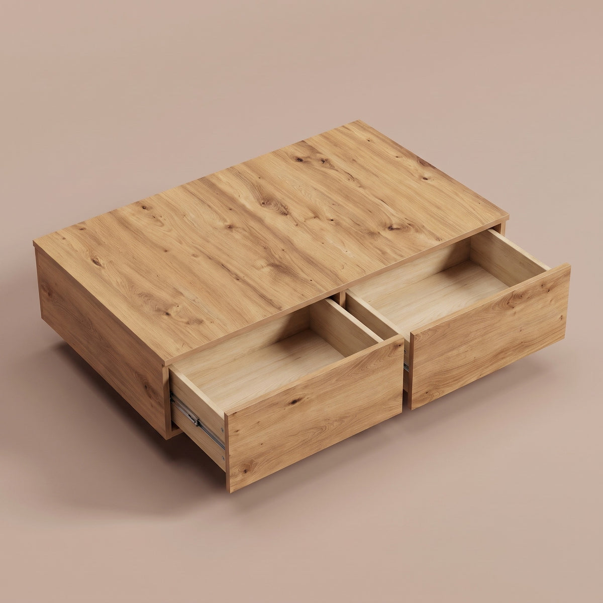 Table avec rangement Alcova, chêne artisanal – deux tiroirs ouverts #Couleur_Chêne artisanal
