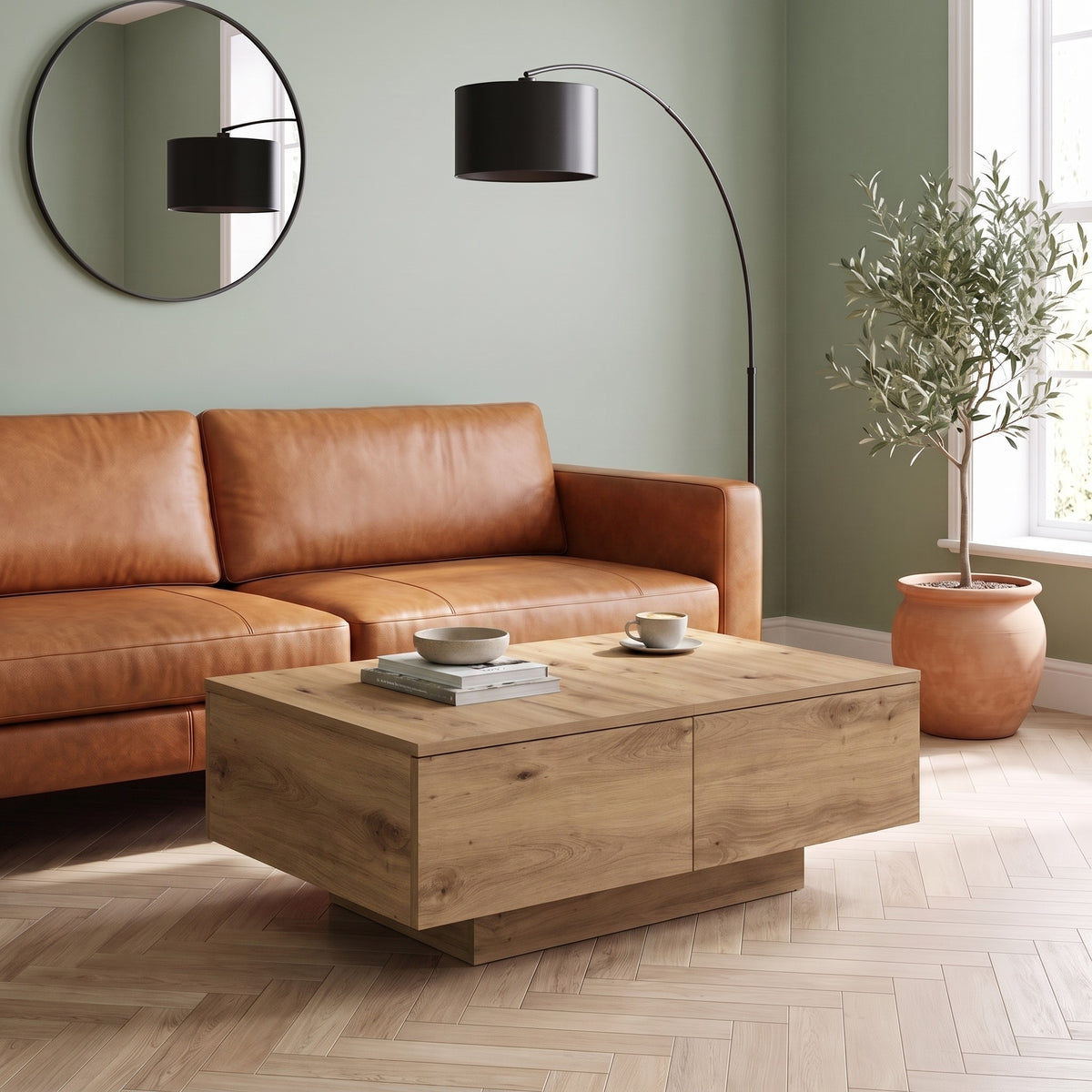 Table avec rangement Alcova, chêne artisanal – en situation dans un salon #Couleur_Chêne artisanal