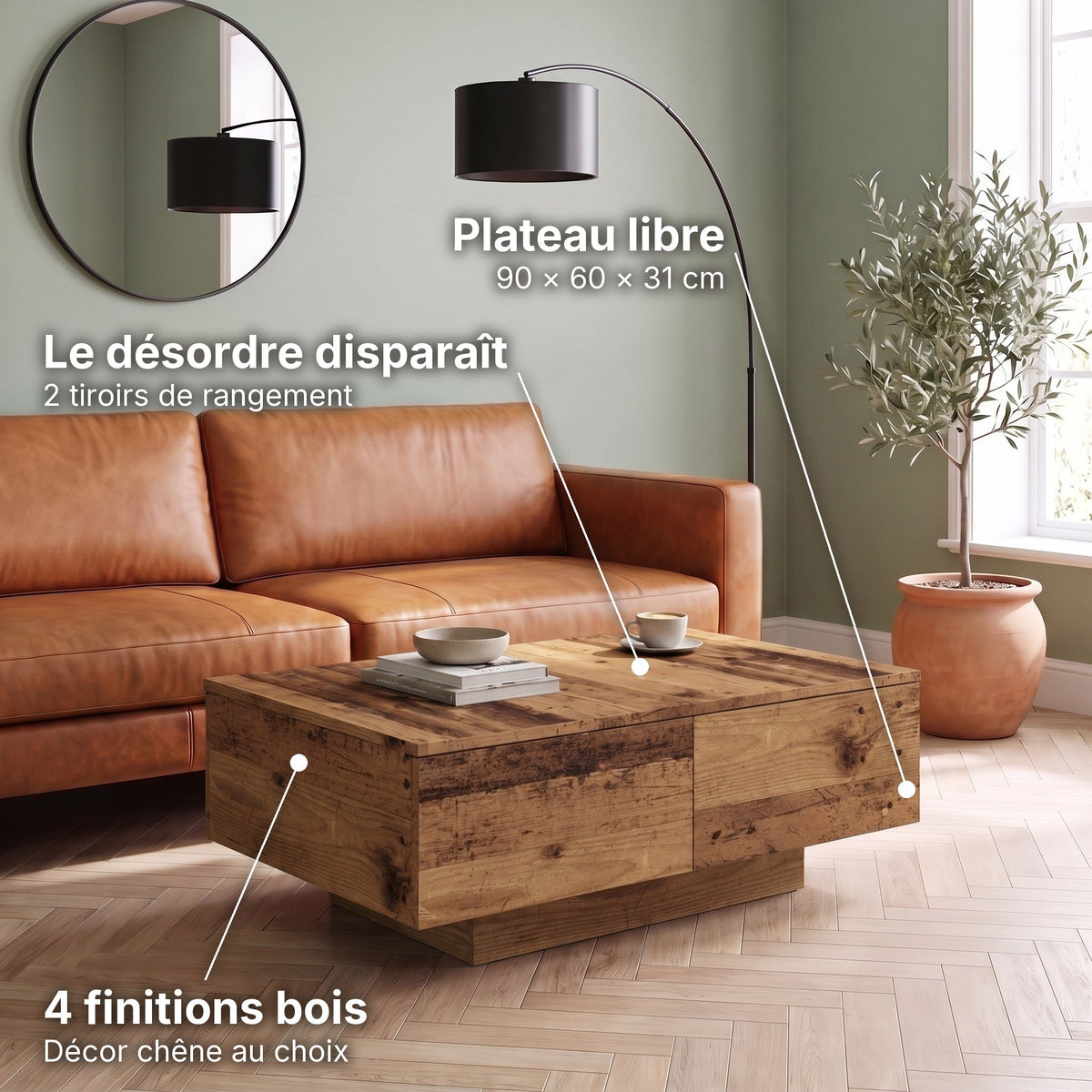 Table basse décor bois avec tiroirs Alcova vieux bois : le désordre disparaît (2 tiroirs de rangement), plateau libre (90 × 60 × 31 cm), 4 finitions bois (Décor chêne au choix) #Couleur_Vieux bois