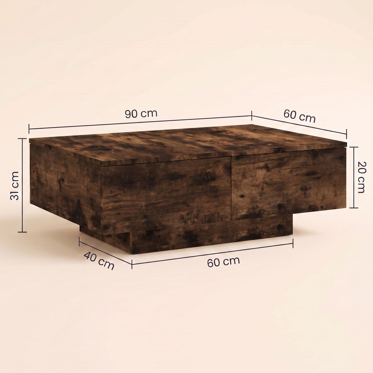 Table avec rangement Alcova, chêne fumé – dimensions 90 × 60 × 31 cm #Couleur_Chêne fumé