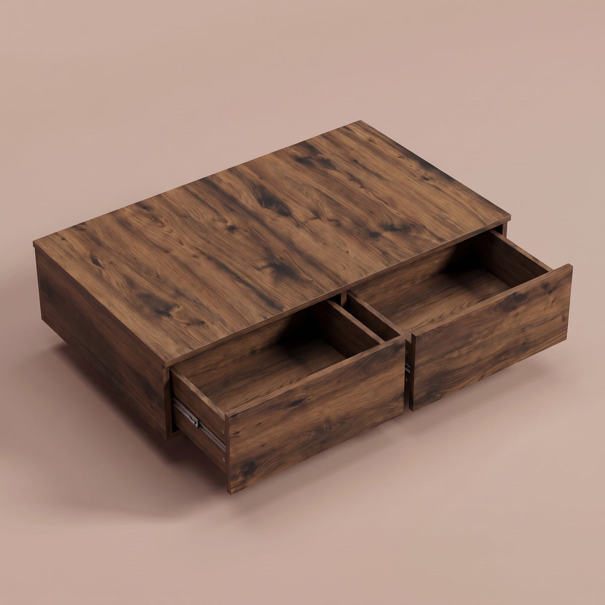 Table avec rangement Alcova, chêne fumé – deux tiroirs ouverts #Couleur_Chêne fumé