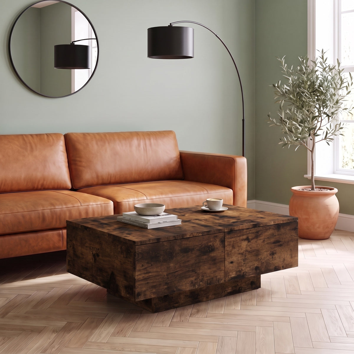 Table avec rangement Alcova, chêne fumé – en situation dans un salon #Couleur_Chêne fumé