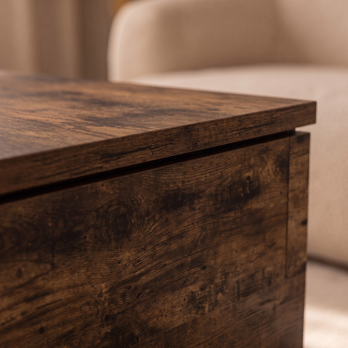 Table avec rangement Alcova, chêne fumé – détail de la matière #Couleur_Chêne fumé