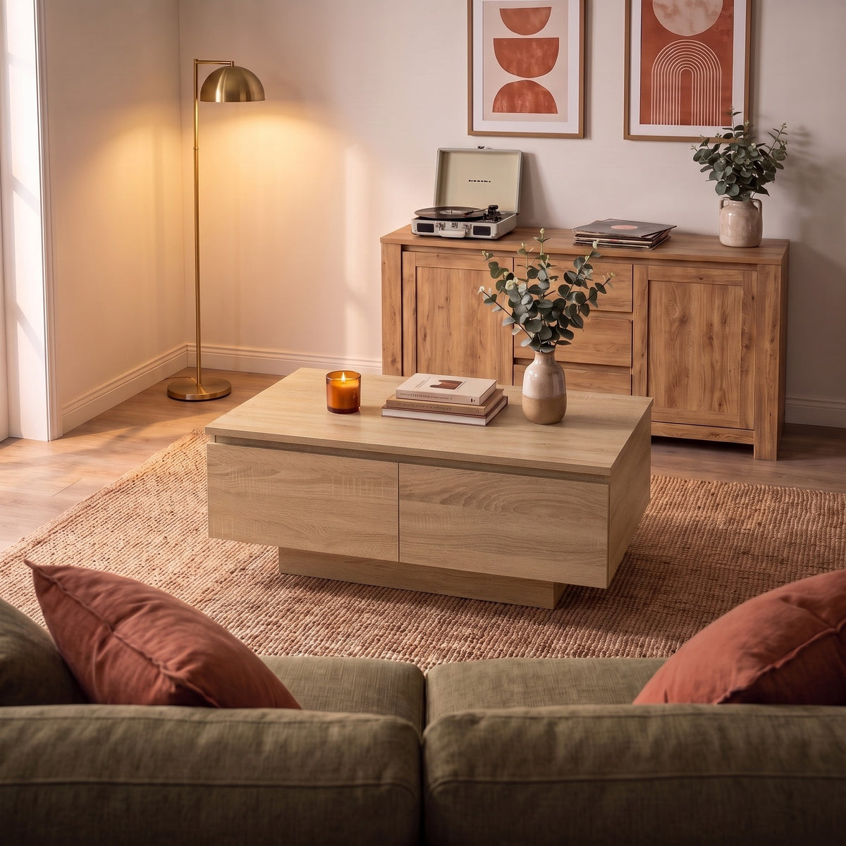 Table avec rangement Alcova, chêne sonoma – ambiance du soir #Couleur_Chêne sonoma