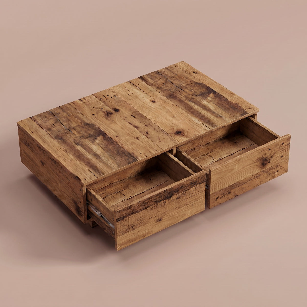 Table avec rangement Alcova, vieux bois – deux tiroirs ouverts #Couleur_Vieux bois