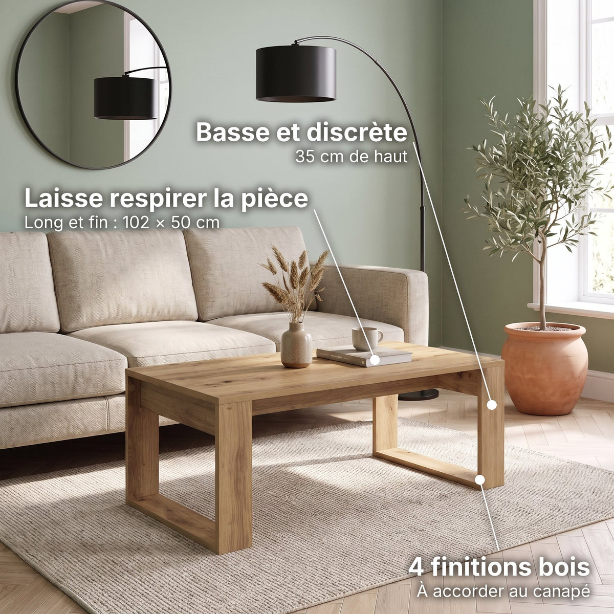 Table basse rectangulaire décor bois 102 cm Arlon chêne artisanal : laisse respirer la pièce (Long et fin : 102 × 50 cm), basse et discrète (35 cm de haut), 4 finitions bois (À accorder au canapé) #Couleur_Chêne artisanal