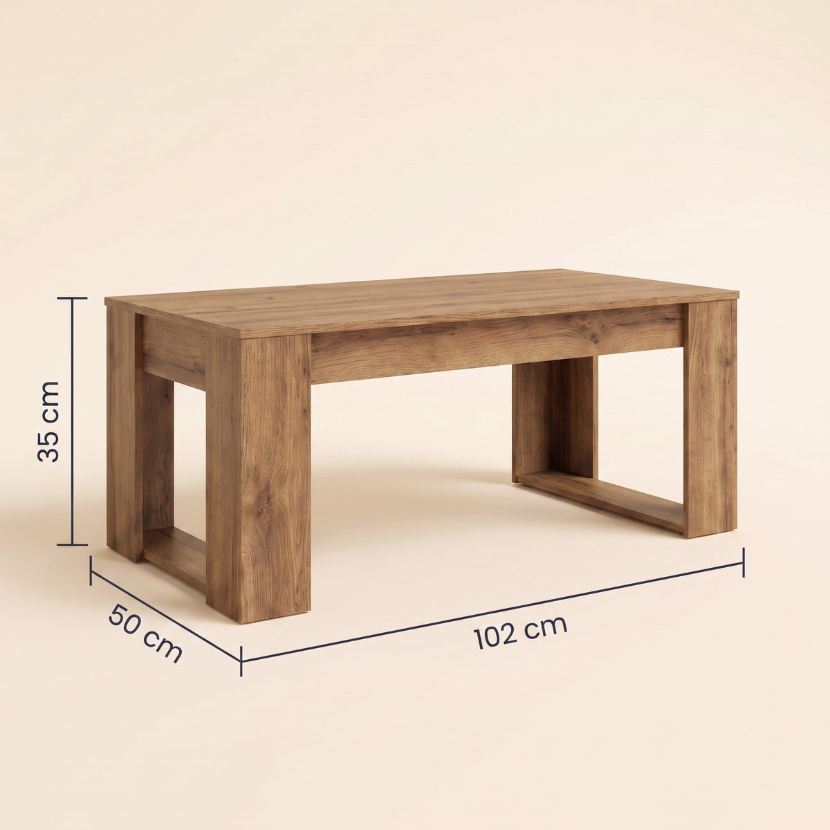 Table basse en bois Arlon, chêne artisanal, dimensions 102 x 50 cm, 35 cm de haut #Couleur_Chêne artisanal