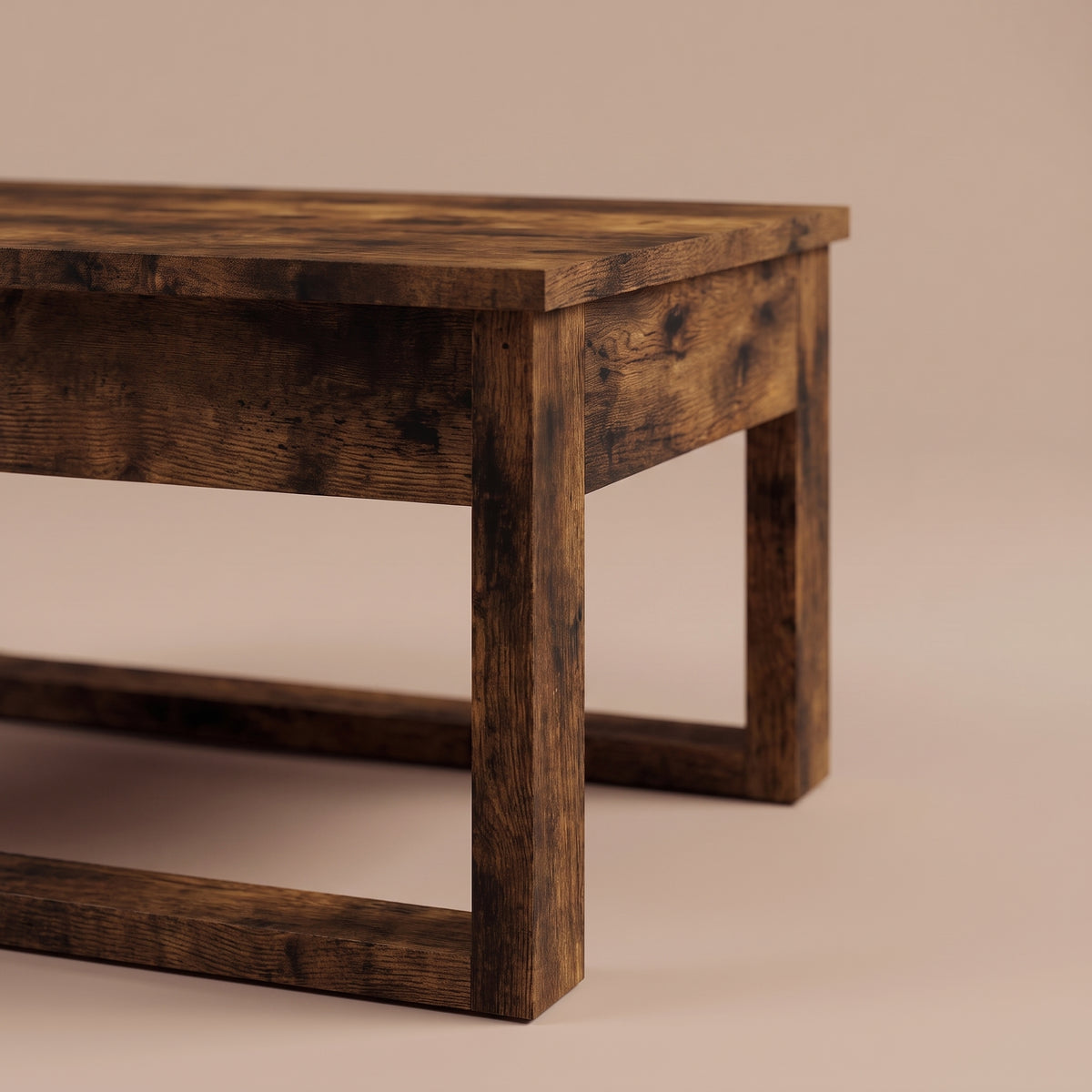 Table basse en bois Arlon, chêne fumé, zoom ceinture et pied #Couleur_Chêne fumé