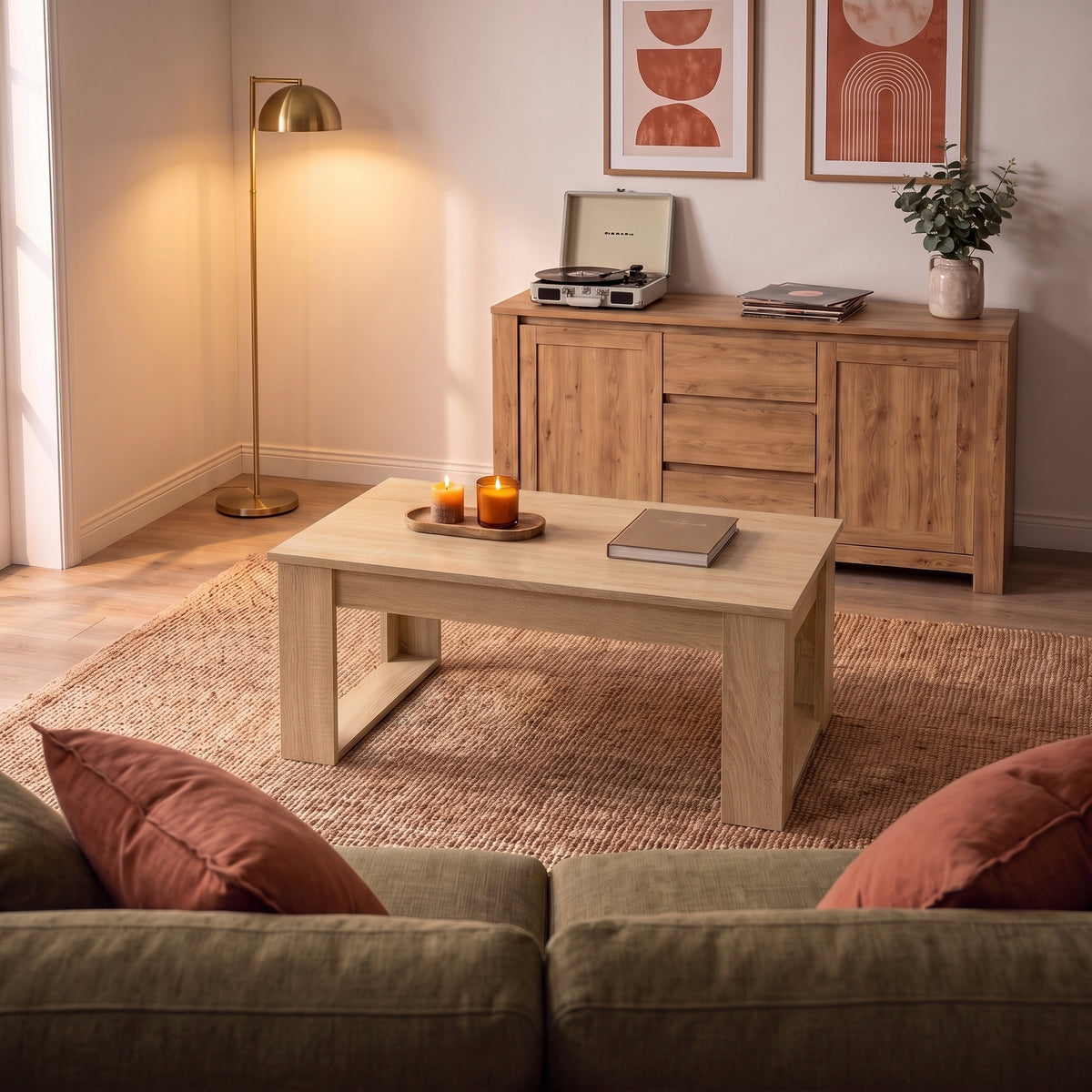 Table basse en bois Arlon, chêne sonoma, ambiance du soir #Couleur_Chêne sonoma