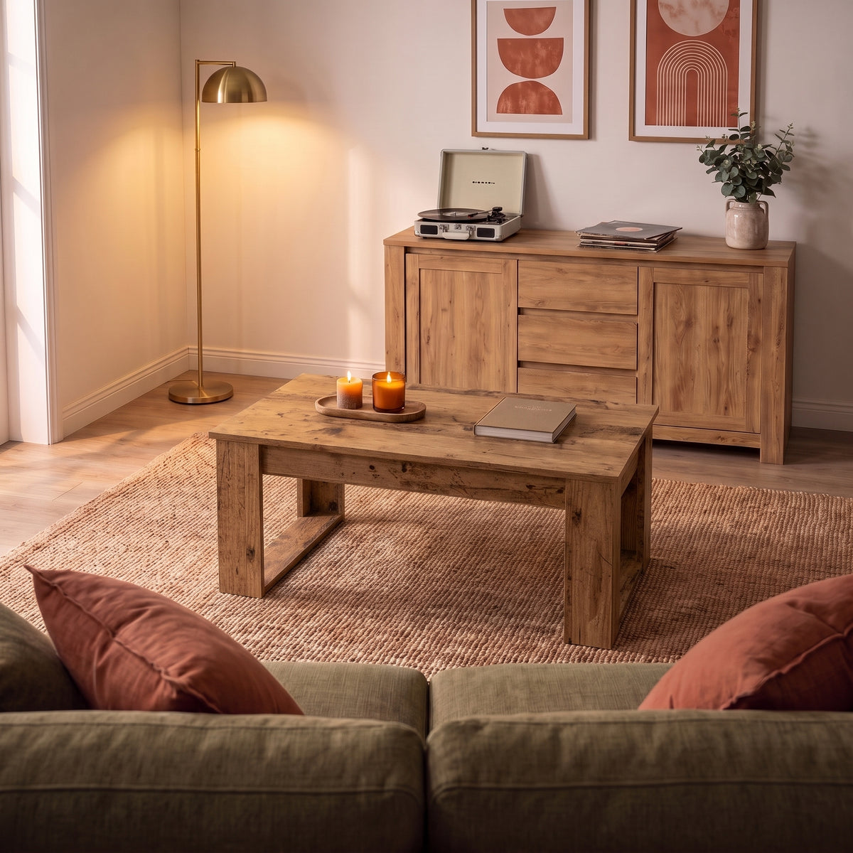 Table basse en bois Arlon, vieux bois, ambiance du soir #Couleur_Vieux bois