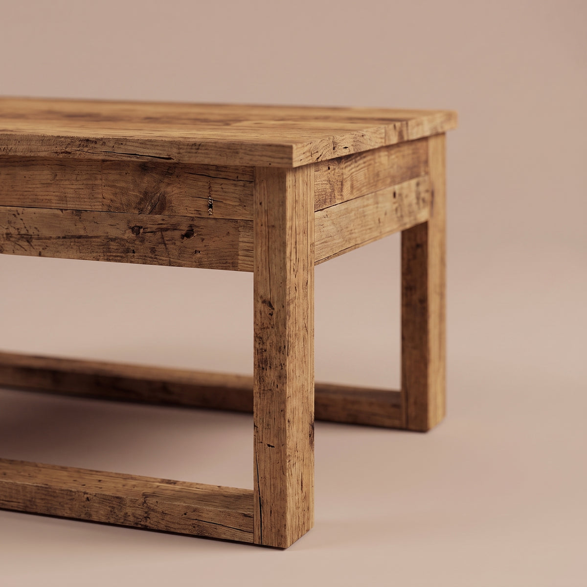 Table basse en bois Arlon, vieux bois, zoom ceinture et pied #Couleur_Vieux bois