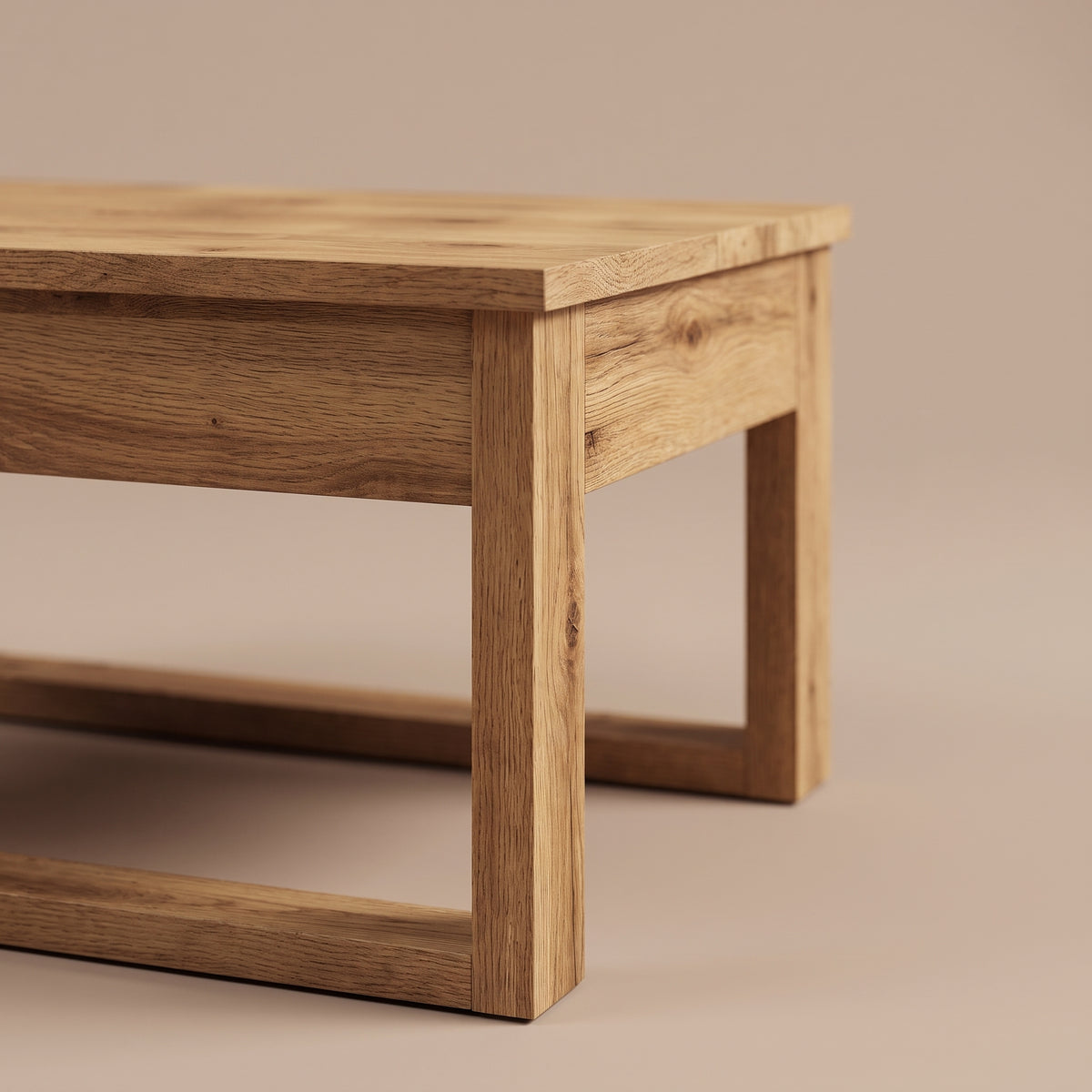 Table basse en bois Arlon, chêne artisanal, zoom ceinture et pied #Couleur_Chêne artisanal