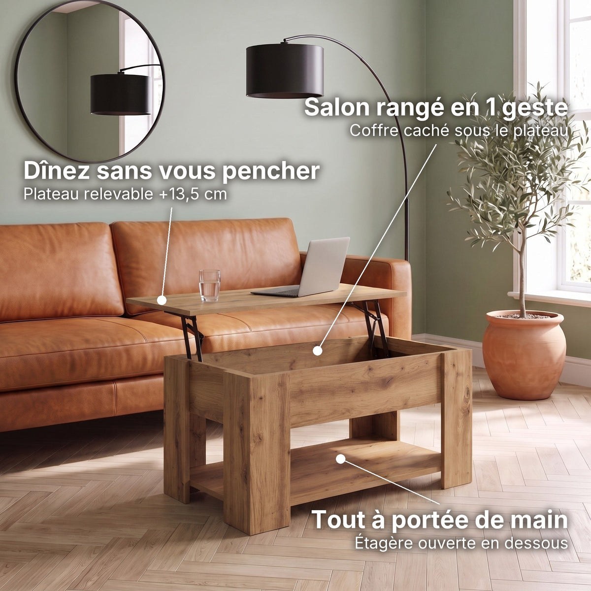 Table basse relevable Aveline chêne artisanal 79 cm : plateau relevable +13,5 cm, coffre caché, étagère ouverte #Dimensions_79 × 49 × 41 cm #Couleur_Chêne artisanal