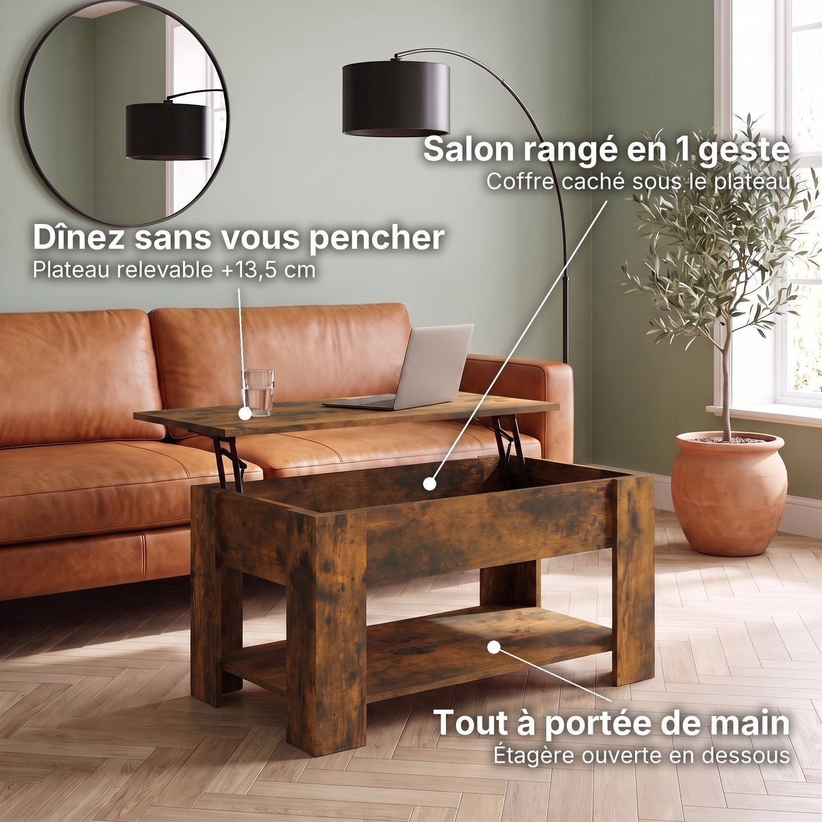 Table basse relevable Aveline chêne fumé 101 cm : plateau relevable +13,5 cm, coffre caché, étagère ouverte #Dimensions_101 × 49 × 52 cm #Couleur_Chêne fumé