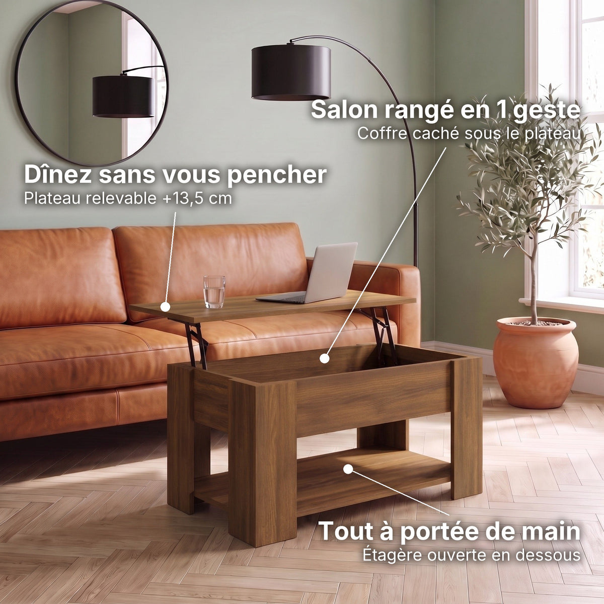 Table basse relevable Aveline chêne marron 79 cm : plateau relevable +13,5 cm, coffre caché, étagère ouverte #Dimensions_79 × 49 × 41 cm #Couleur_Chêne marron