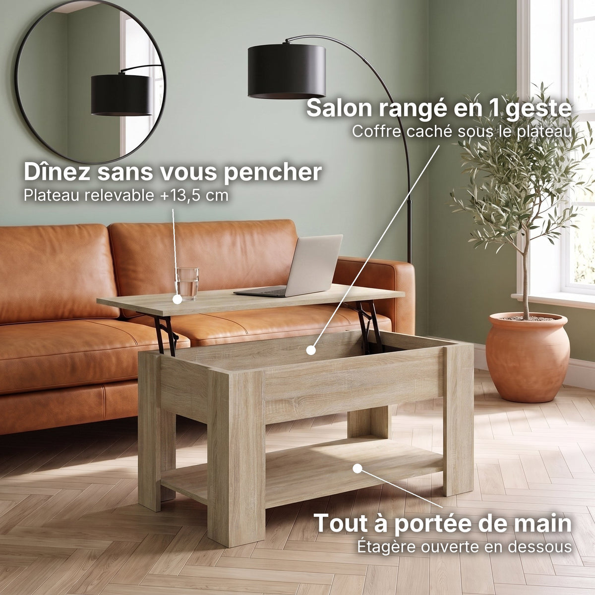 Table basse relevable Aveline chêne Sonoma 101 cm : plateau relevable +13,5 cm, coffre caché, étagère ouverte #Dimensions_101 × 49 × 52 cm #Couleur_Chêne Sonoma