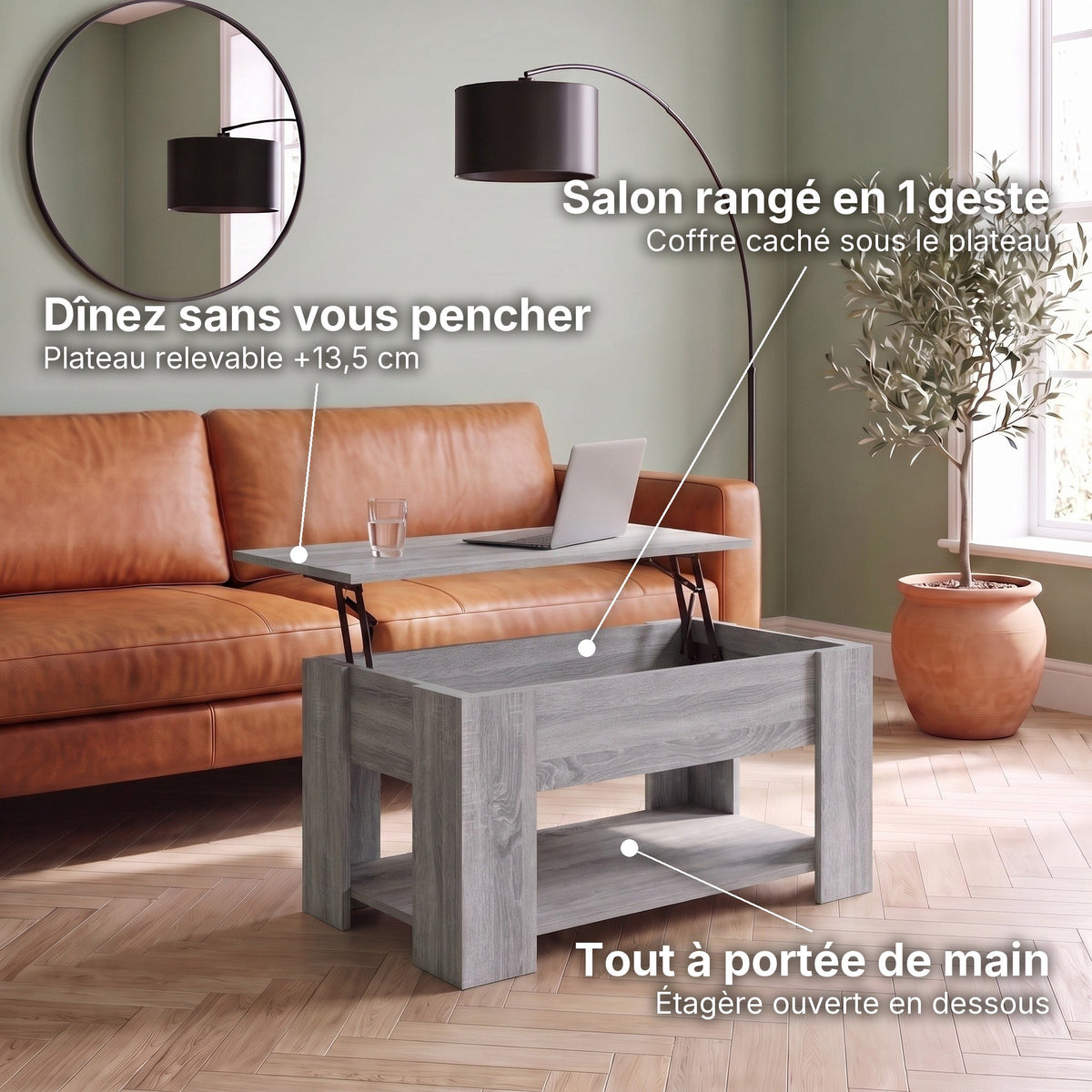 Table basse relevable Aveline Sonoma gris 79 cm : plateau relevable +13,5 cm, coffre caché, étagère ouverte #Dimensions_79 × 49 × 41 cm #Couleur_Sonoma gris