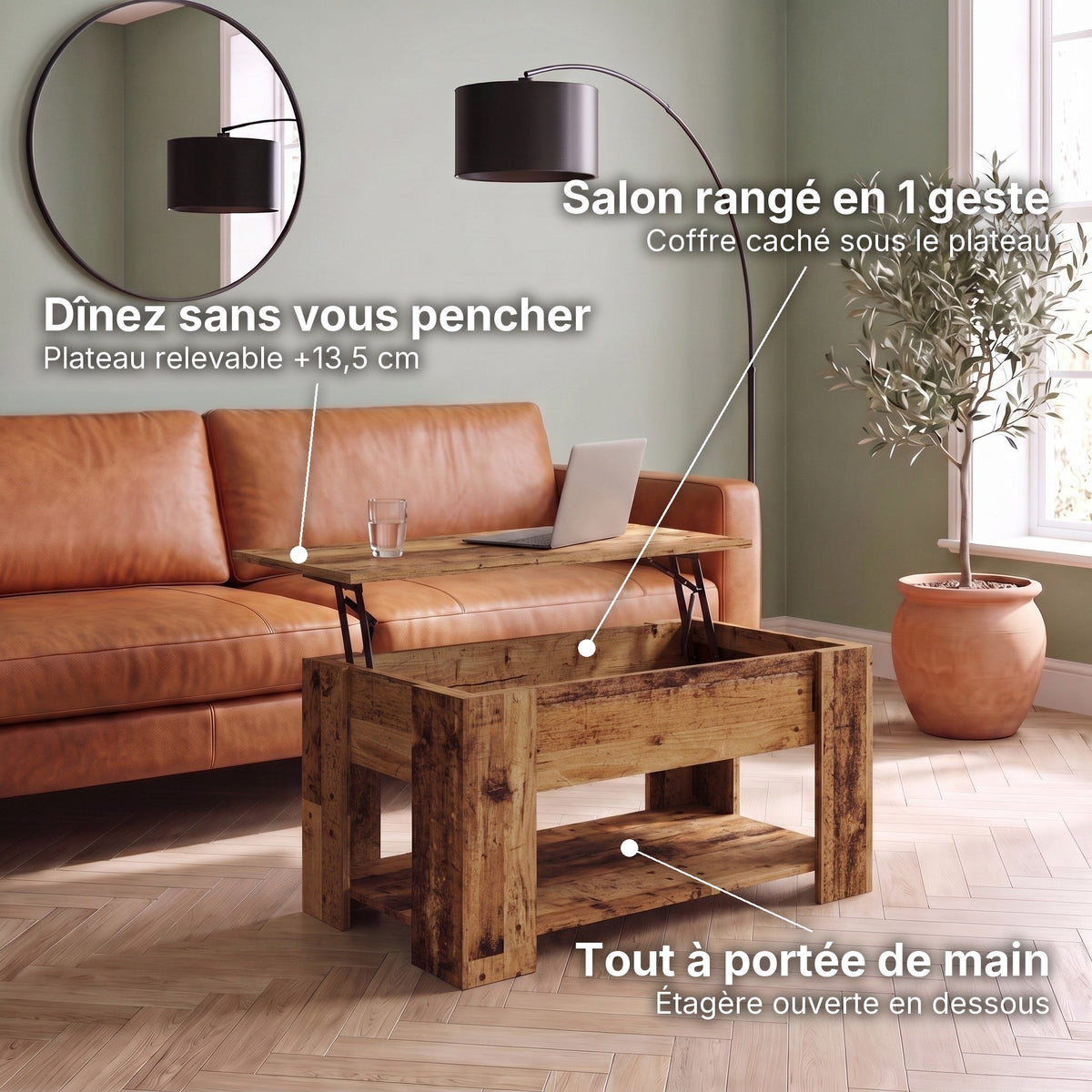 Table basse relevable Aveline vieux bois 79 cm : plateau relevable +13,5 cm, coffre caché, étagère ouverte #Dimensions_79 × 49 × 41 cm #Couleur_Vieux bois