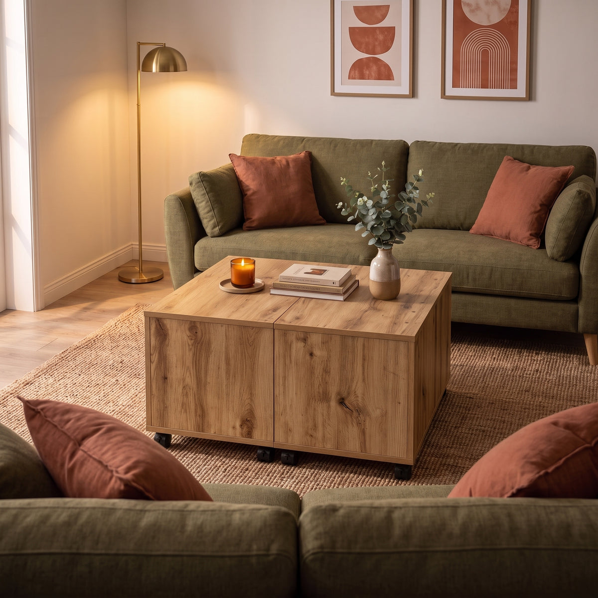 Table sur roulettes Bruma, chêne artisanal, ambiance soirée #Couleur_Chêne artisanal