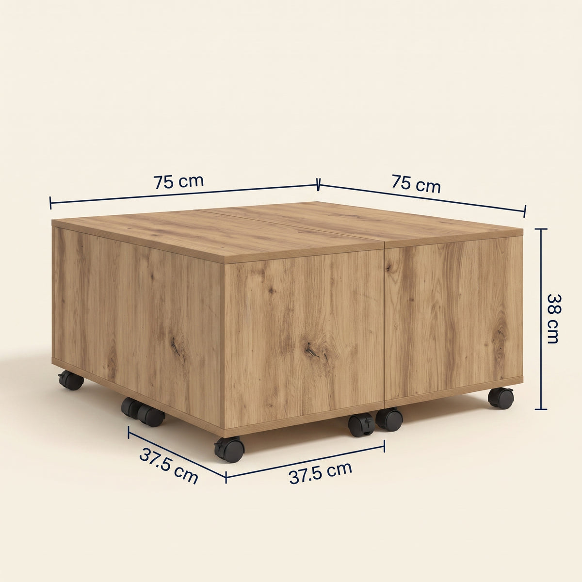 Table sur roulettes Bruma, chêne artisanal, dimensions 75 × 75 × 38 cm #Couleur_Chêne artisanal