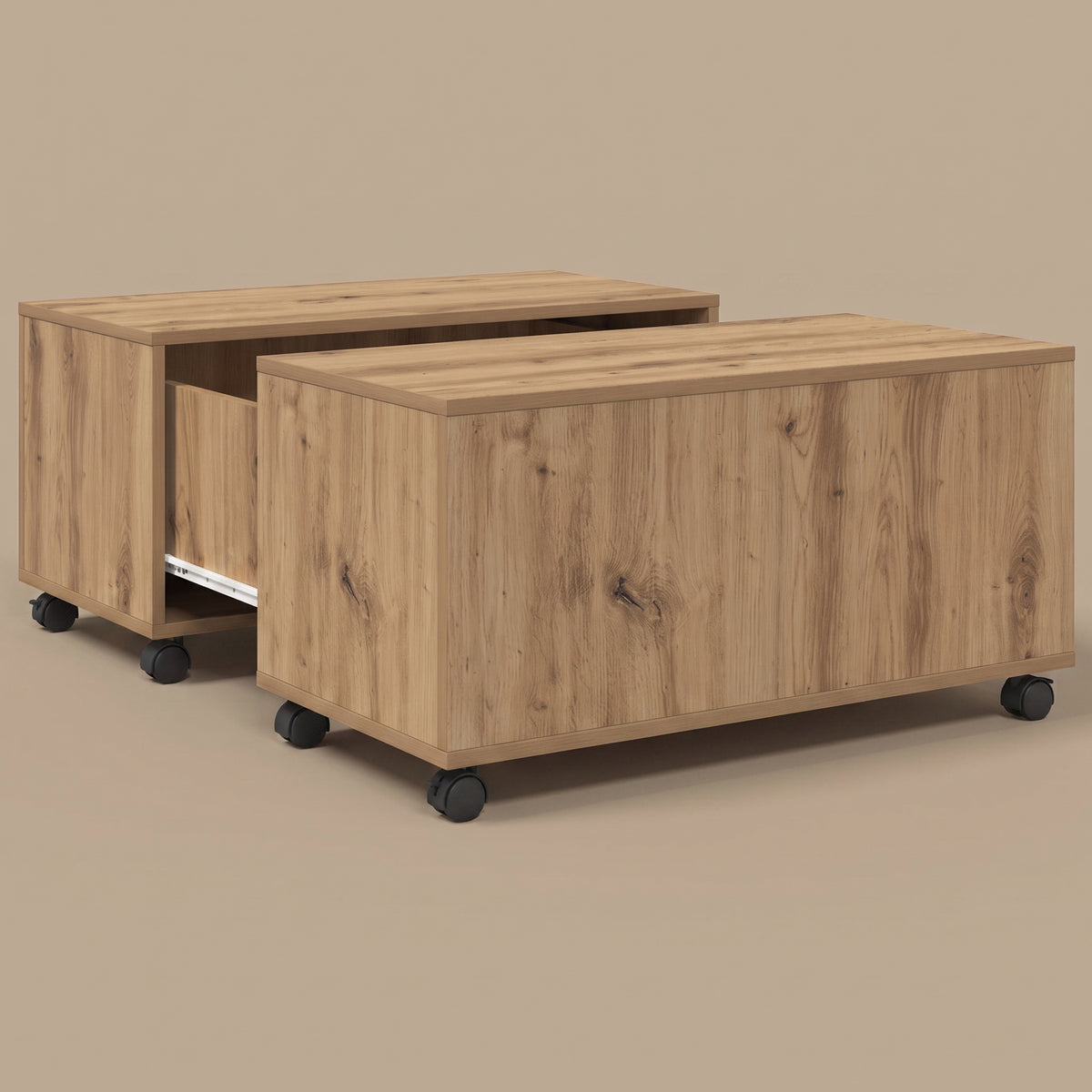 Table sur roulettes Bruma, chêne artisanal, ouverte — caissons coulissés sur leur rail, rangement central #Couleur_Chêne artisanal