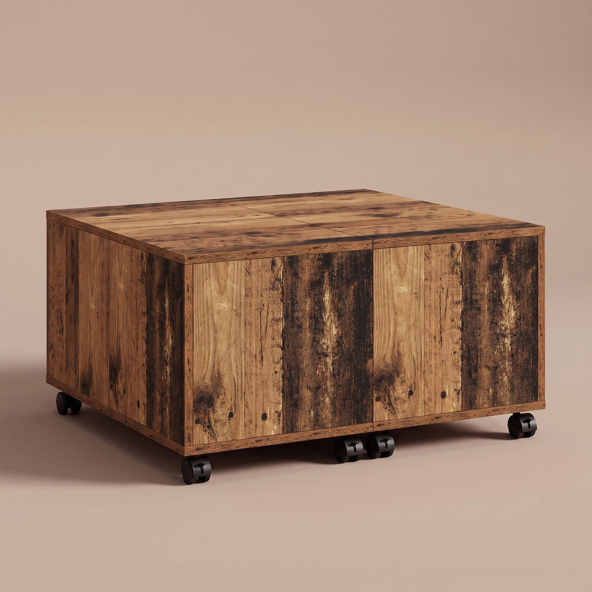 Table sur roulettes Bruma, bois ancien, fermée, vue 3/4 #Couleur_Bois ancien