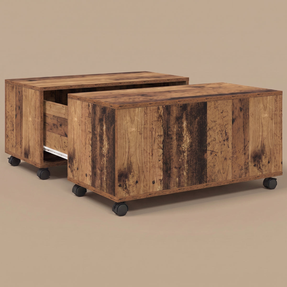 Table sur roulettes Bruma, bois ancien, ouverte — caissons coulissés sur leur rail, rangement central #Couleur_Bois ancien