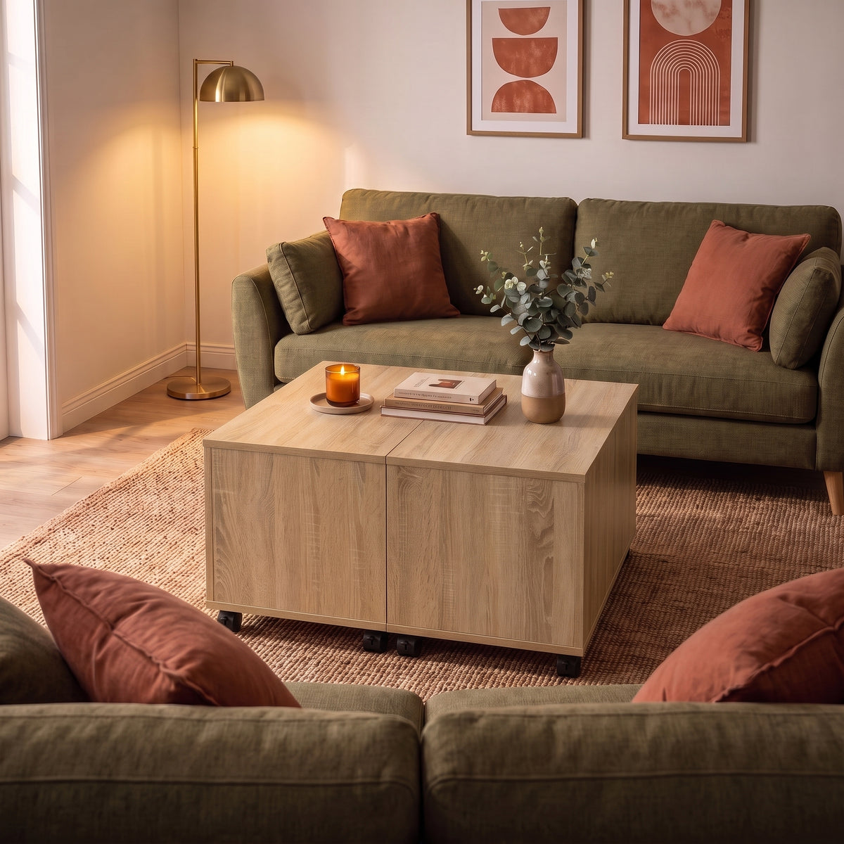 Table sur roulettes Bruma, chêne sonoma, ambiance soirée #Couleur_Chêne sonoma