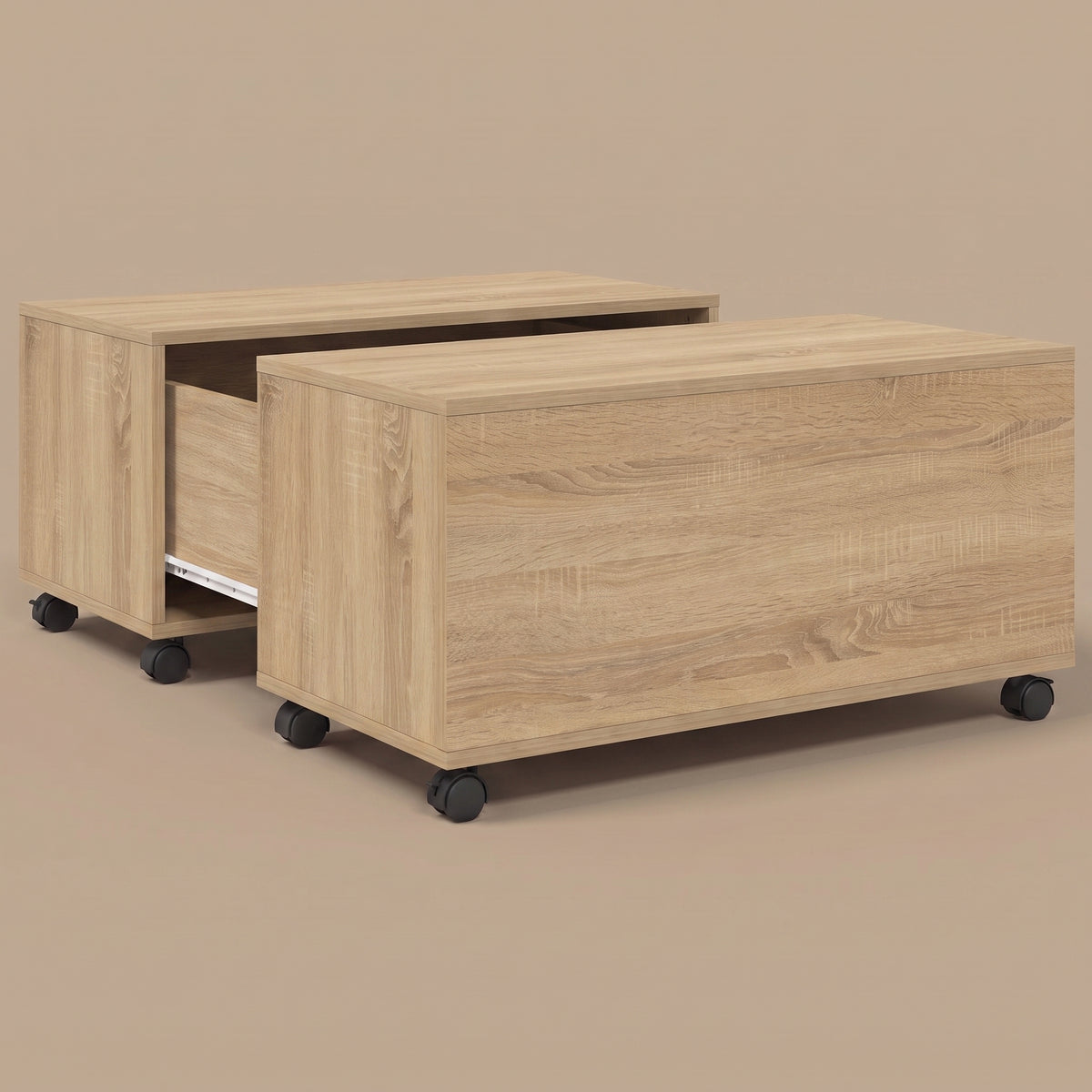 Table sur roulettes Bruma, chêne sonoma, ouverte — caissons coulissés sur leur rail, rangement central #Couleur_Chêne sonoma